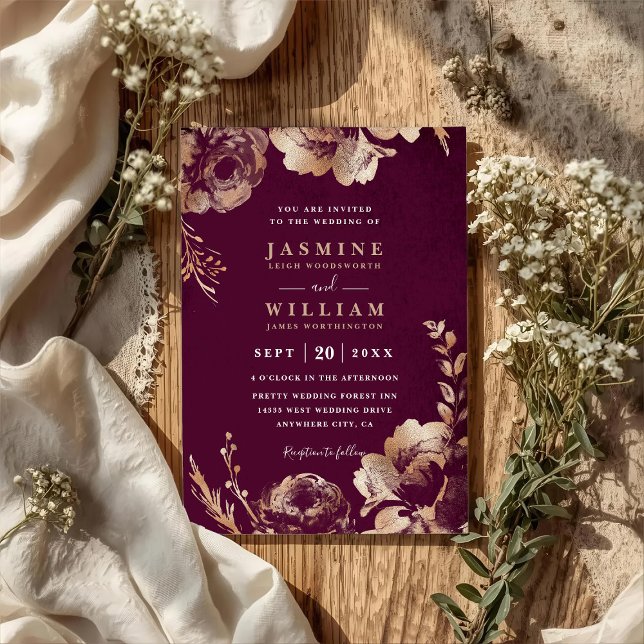 Convite Simples Código QR Floral Rosa Borgonha Casamento (Criador carregado)