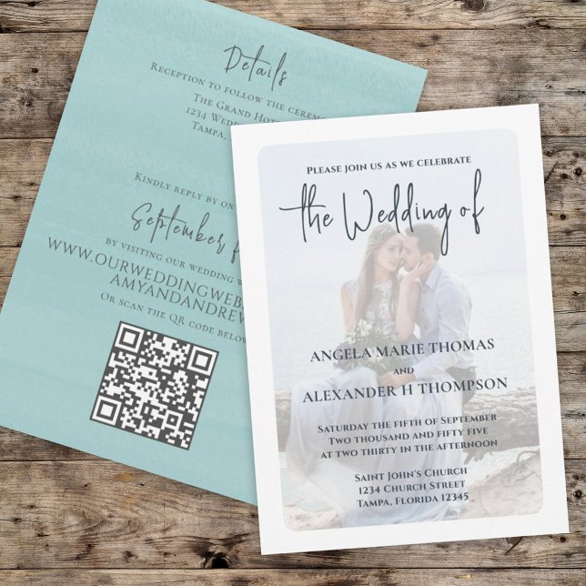 Convite Simples Código QR Turquesa Elegante RSVP Oceano (Criador carregado)