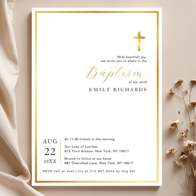 Convite Simples Convocação para Batismo Cruzado Dourado Mo (Minimalist Baptism Invitation)