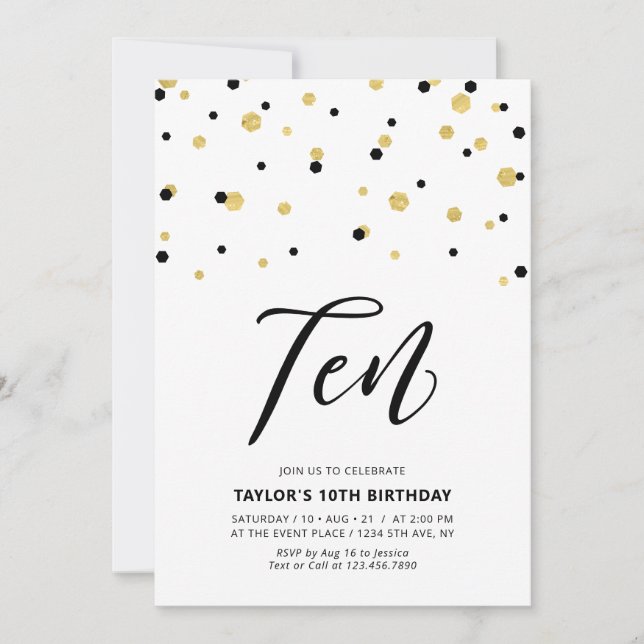 Convite Simples de Aniversário de 10 Anos Preto &  (Frente)