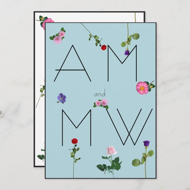 Convite Simples De Casamento Azul Floral De Chic (Frente/Verso)