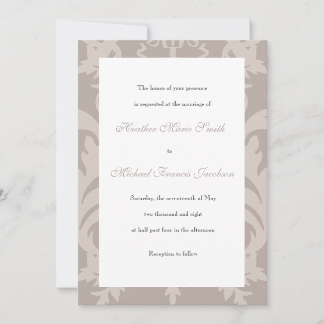 Convite Simples De Casamento De Damask Taupe (Frente)
