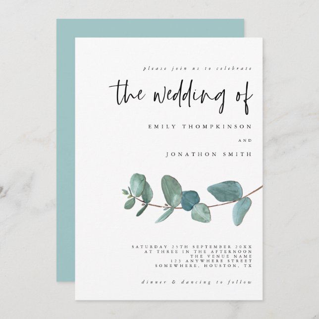 Convite Simples De Casamento De Teal Eucalyptus (Frente/Verso)