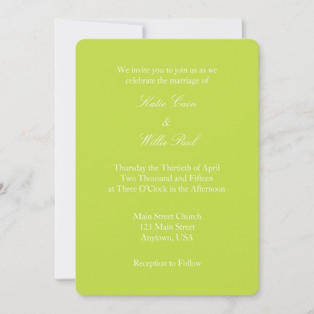 Convite Simples De Casamento De verde limão Branco (Frente)