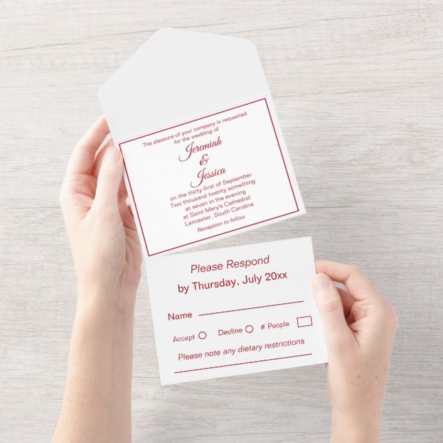 Convite Simples de Casamento em Burgundy e Branco  (Aba destacável)