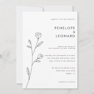 Convite Simples de Casamento Floral Preto Branco