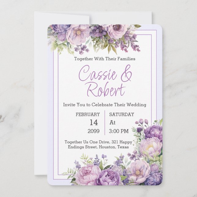 Convite Simples De Casamento Floral Roxo Roxo (Frente)