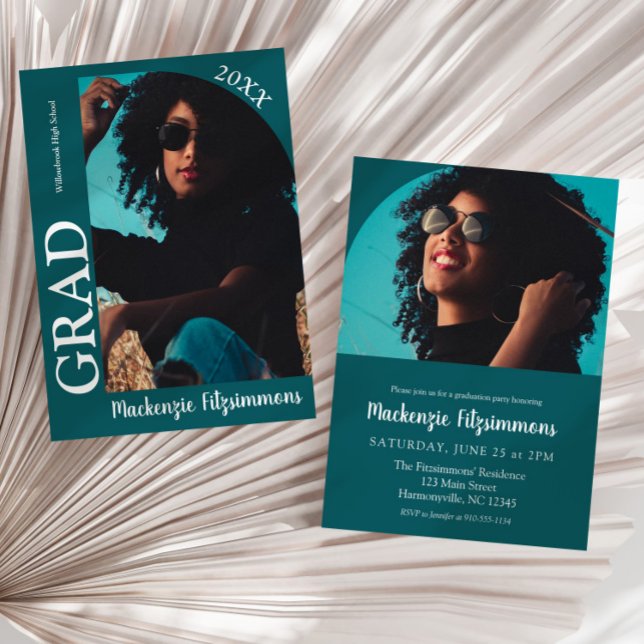 Convite Simples De Graduação De Fotografias Retro (Teal green Simple Retro Photo Graduation Invitation)