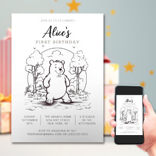 Convite Simples Desenho Pequeno Urso Bebê Aniversário