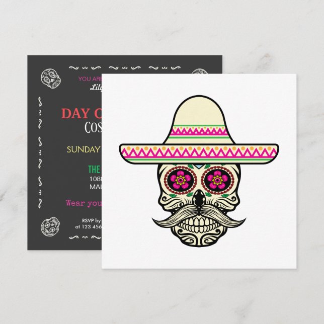 Convite Simples Dia de Muertos Skull com Hat Invitation (Frente/Verso)
