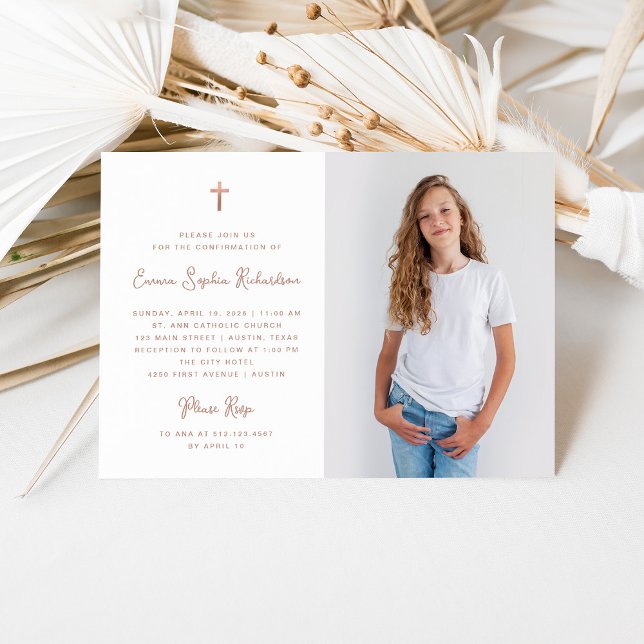 Convite Simples doce | Confirmação Dourada de Rosa de Faux (An elegant, faux rose gold Confirmation invitation with your photo)