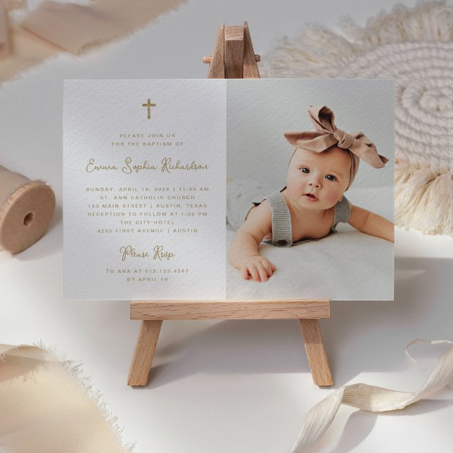 Convite Simples doce | Faux Dourado com fotografia Baptism (A sweet and whimsical Baptism invitation with photo and faux gold cross)