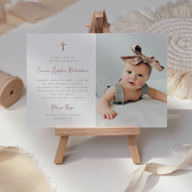 Convite Simples doce | Rosa de Faux Dourado com Batismo Fo (A sweet and whimsical Baptism invitation with photo and faux rose gold cross)