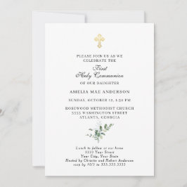 Convite Simples Dourada Cruz Primeira Comunhão Santa