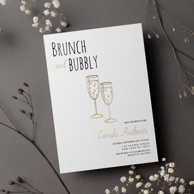 Convite Simples Dourado Brunch E Chá de panela De Borracha (Simple White Gold Brunch And Bubbly Bridal Shower)