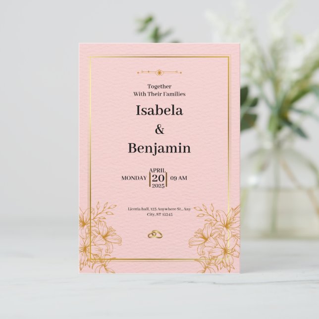 Convite Simples Dourado para Casamento Ffloral (Em pé/Frente)