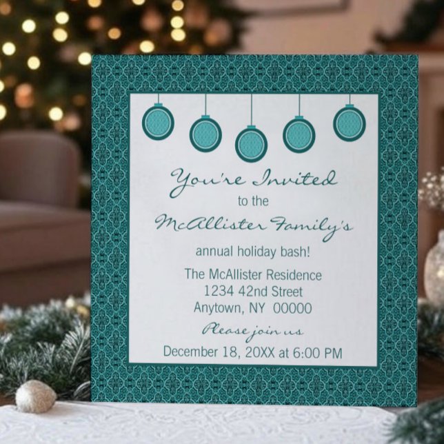 Convite Simples e Clássico Ornaments Natal Teal (Teal Simply Classic Damask Ornaments Christmas Party Invitation)