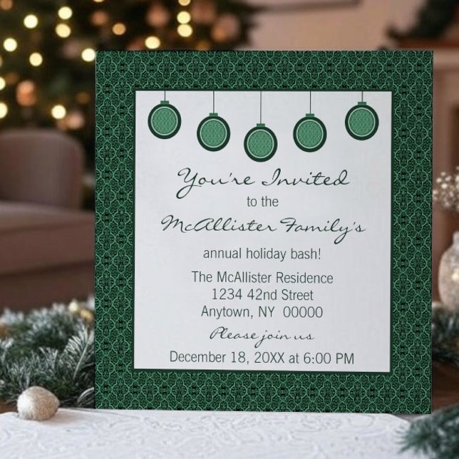 Convite Simples e Clássico Ornaments Natal Verde (Green Simply Classic Damask Ornaments Christmas Party Invitation)