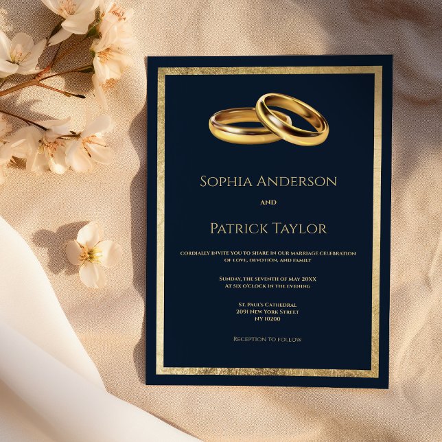 Convite Simples e elegante anéis de ouro azul marinho Casa (Simple elegant navy blue gold rings Wedding)