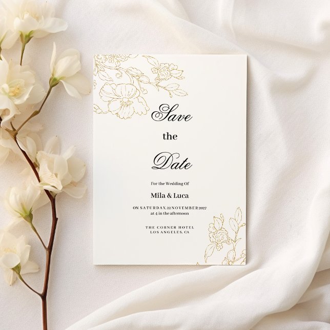 Convite Simples e elegante floral em ouro branco Salve a d (Simple elegant white gold floral Save the Date )