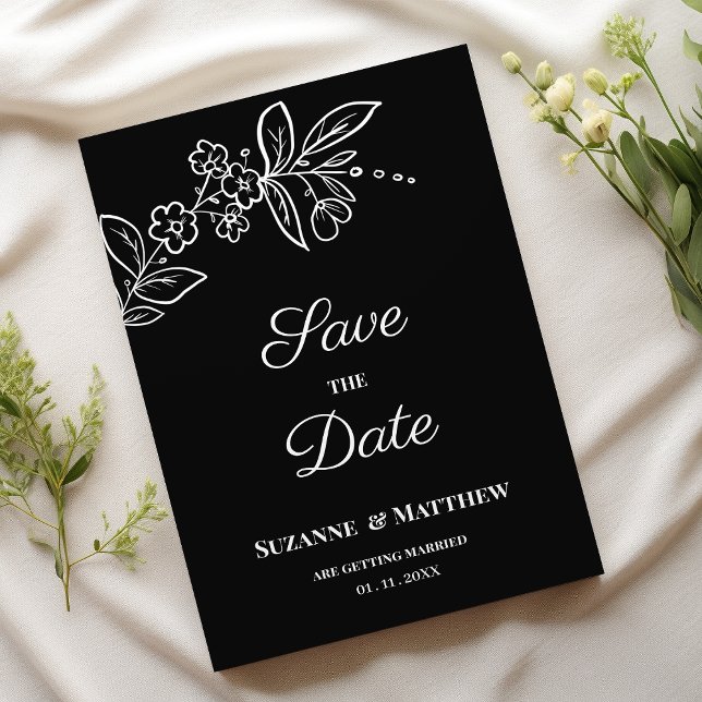 Convite Simples e elegante floral preto Guarde a Data (Simple elegant black white floral Save the Date)