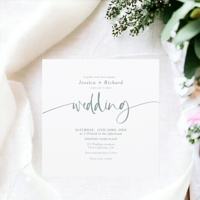 Convite Simples e elegante guião de casamento verde modern (Modern elegant simple sage green wedding script invitation)
