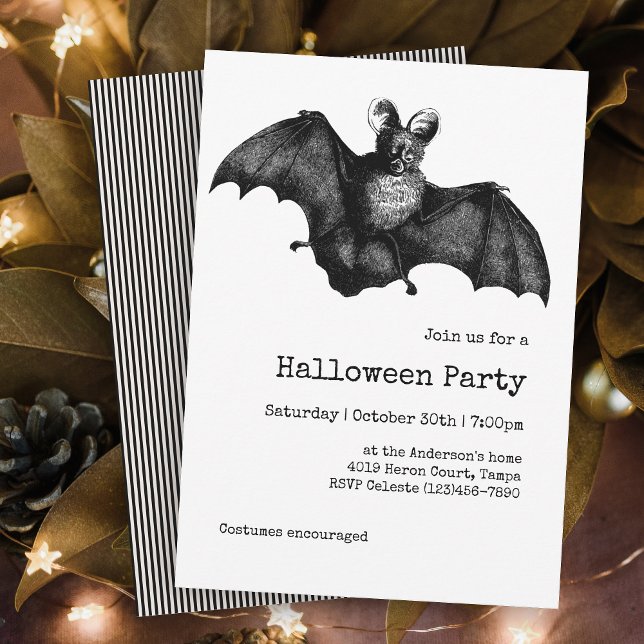 Convite Simples e Minimalista Festa de Bat Halloween (A simple minimal Halloween party invitation with a cool creepy Vintage bat illustration!)