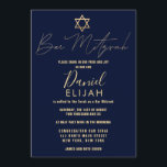Convite Simples e Moderno Bar Vermelho Dourado Mitzvah<br><div class="desc">Este convite elegante e Bar Mitzvah é a escolha perfeita para o seu filho no dia especial. Ele apresenta um simples e moderno design de tipografia falsa de ouro com a estrela de David sobre um simples fundo azul marinho. É um design único, legal e moderno celebrar isso uma vez...</div>