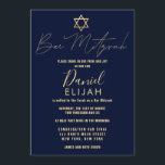 Convite Simples e Moderno Bar Vermelho Dourado Mitzvah<br><div class="desc">Este convite elegante e Bar Mitzvah é a escolha perfeita para o seu filho no dia especial. Ele apresenta um simples e moderno design de tipografia falsa de ouro com a estrela de David sobre um simples fundo azul marinho. É um design único, legal e moderno celebrar isso uma vez...</div>