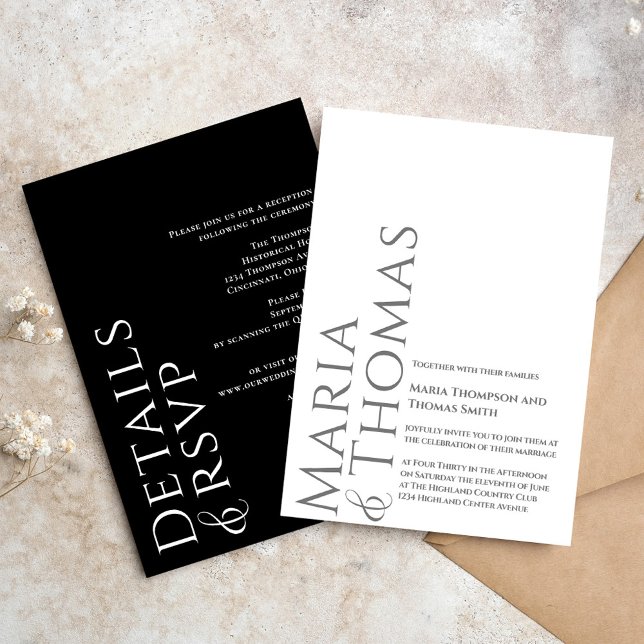 Convite Simples e Moderno Negro e Branco (Simple black and white modern-style Wedding invitation)