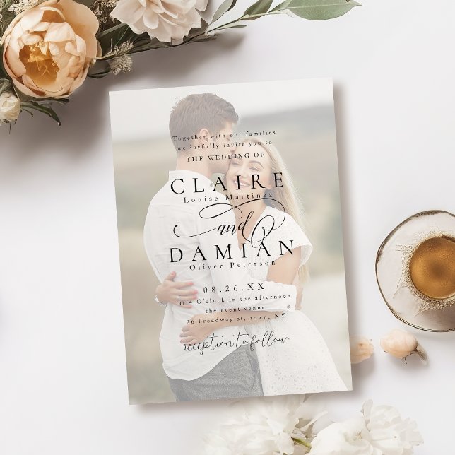 Convite Simples Elegância - Casamento com Fotografia Român (Simple Elegance Romantic Script photo wedding Invitation)