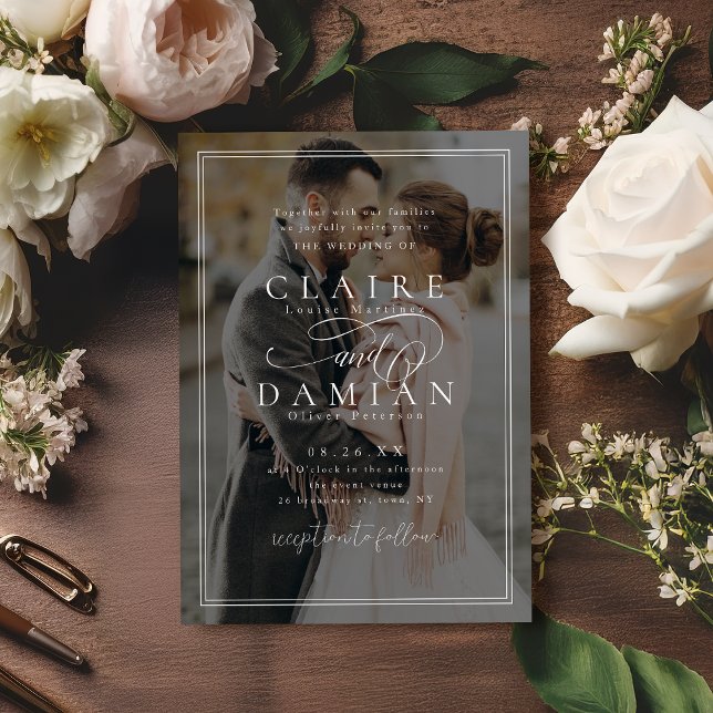Convite Simples Elegância - Casamento com Fotografia Român (Simple Elegance Romantic Script photo wedding Invitation)