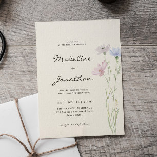 Convite Simples Elegância Flor Silvestre Bege Casamento