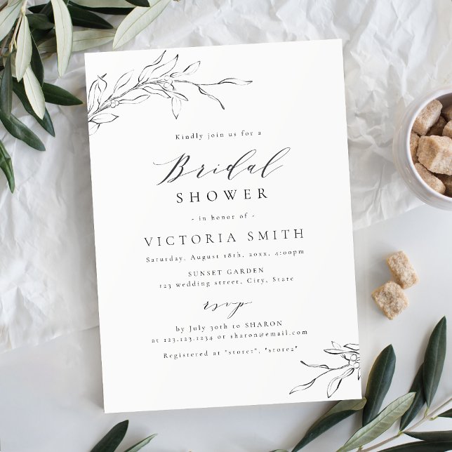 Convite Simples elegância folhas botânicas chá de noiva (Simple elegance botanical leaves bridal shower invitation)