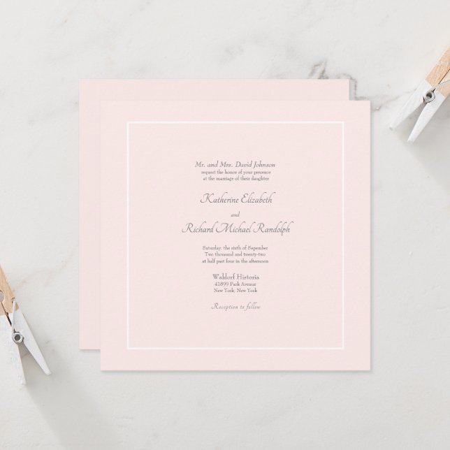 Convite Simples Elegância Rosa Formal Casamento Quadrado  (Frente/Verso In Situ)