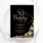 Convite Simples Elegante 50º aniversário Rosas Dourados pr<br><div class="desc">Simples elegante 50º convite de aniversário em preto e ouro. Design clássico com rosas, folha de ouro falsa e letra de script de tipografia. A Trendy convida o cartão perfeito para uma festa de na moda. Personalize com seus próprios detalhes. Pode ser personalizado para qualquer idade. Impressos convites Zazzle ou...</div>