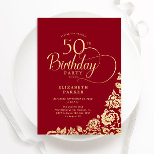 Convite Simples Elegante 50º aniversário Rosas Dourados ve