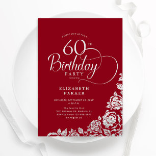 Convite Simples Elegante 60º aniversário Rosas Red Silver