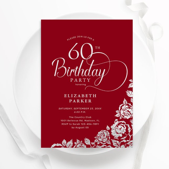 Convite Simples Elegante 60º aniversário Rosas Red Silver (Criador carregado)