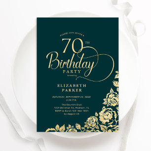 Convite Simples Elegante 70 Birthday Emerald Green Dourado