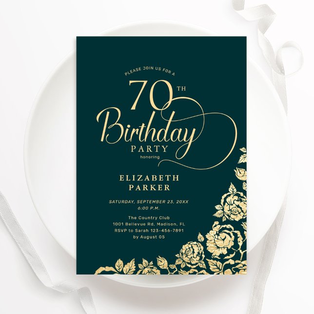 Convite Simples Elegante 70 Birthday Emerald Green Dourado (Criador carregado)