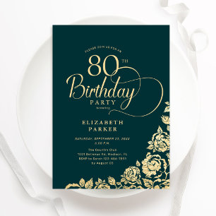 Convite Simples Elegante 80 Birthday Emerald Green Dourado