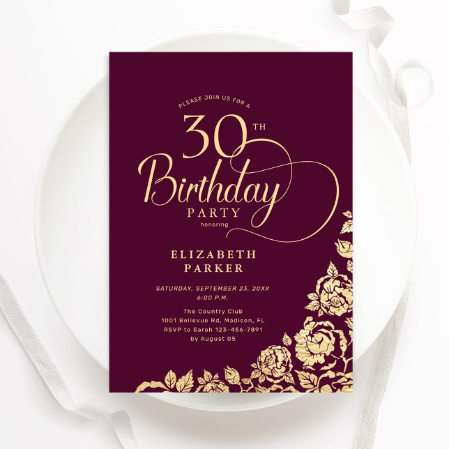 Convite Simples Elegante aniversário de 30 anos Burgundy D (Criador carregado)