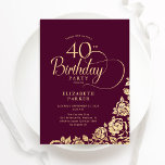 Convite Simples Elegante aniversário de 40 anos Burgundy D<br><div class="desc">Simples convite de festas elegante em burgundy e ouro. Design clássico com rosas, folha de ouro falsa e letra de script de tipografia. A Trendy convida o cartão perfeito para uma festa de na moda. Personalize com seus próprios detalhes. Pode ser personalizado para qualquer idade. Impressos convites Zazzle ou modelo...</div>