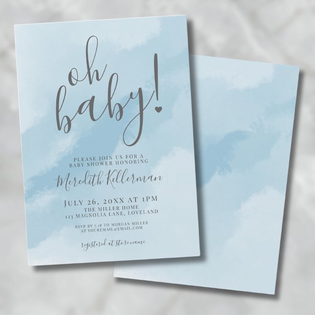 Convite Simples Elegante Aquarela Azul Oh Chá de fraldas (Simple Elegant Watercolor Blue Baby Shower Invitation)