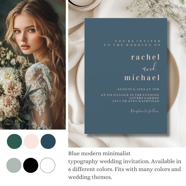 Convite Simples, elegante, azul (Green modern minimalist 
typography wedding invitation. Available in 6 different colors. )