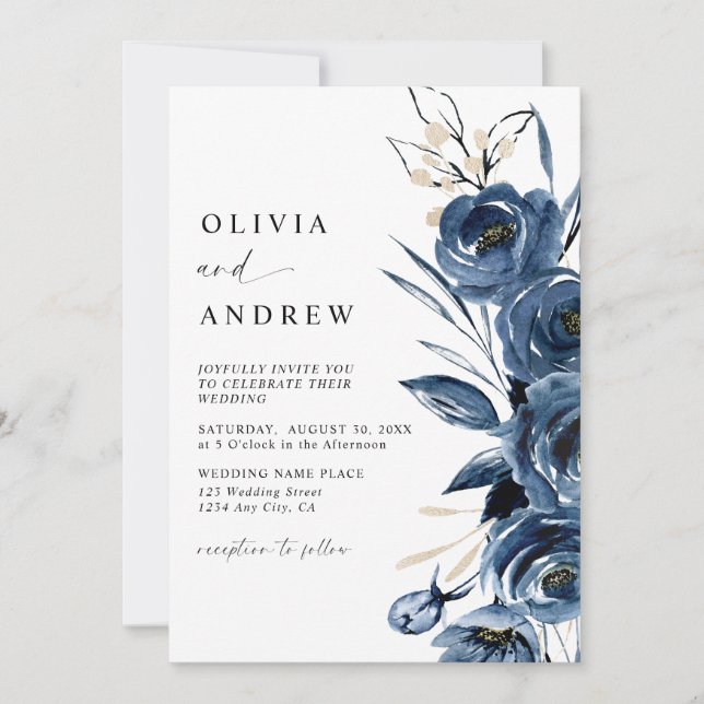Convite Simples Elegante Azul Marinho Boho Floral Casament (Frente)