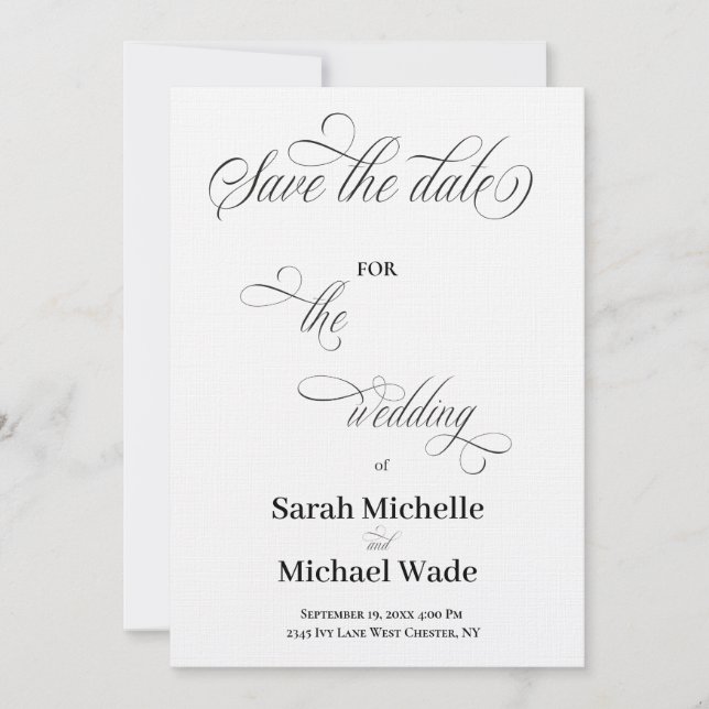 Convite Simples Elegante Caligrafia Script Salve a data (Frente)
