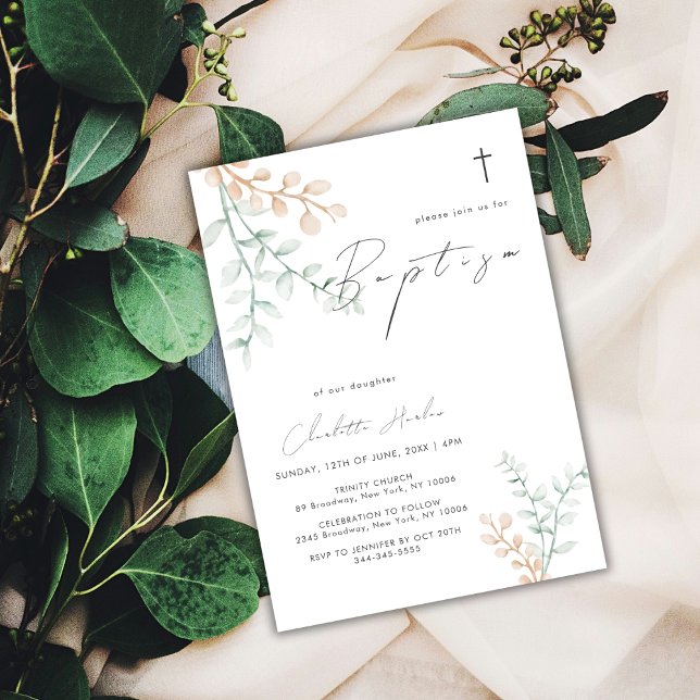 Convite Simples Elegante Eucalyptus Cross Baptism (Simple Elegant Eucalyptus Cross Baptism Invitation)
