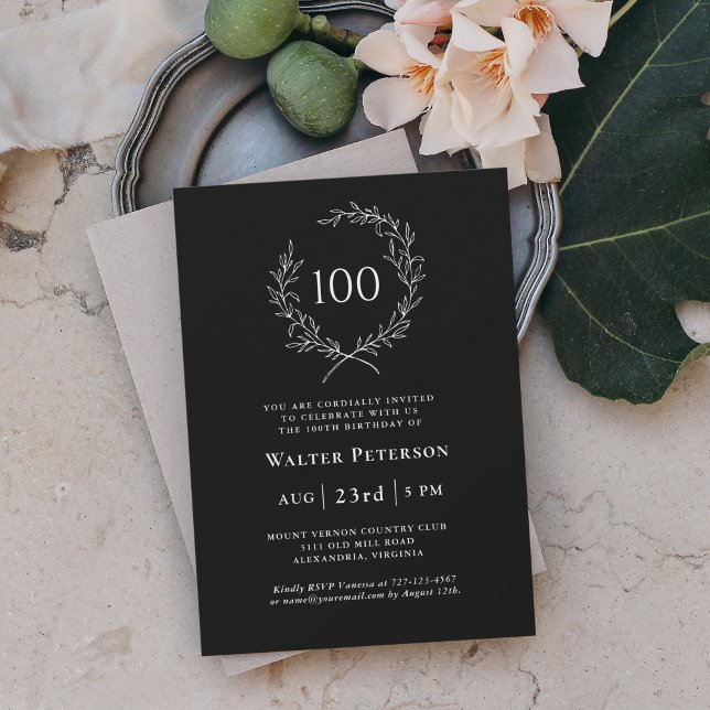 Convite Simples Elegante Laurel Wreath 100º Aniversário (Classic elegance for a memorable 100th Birthday Celebration. )